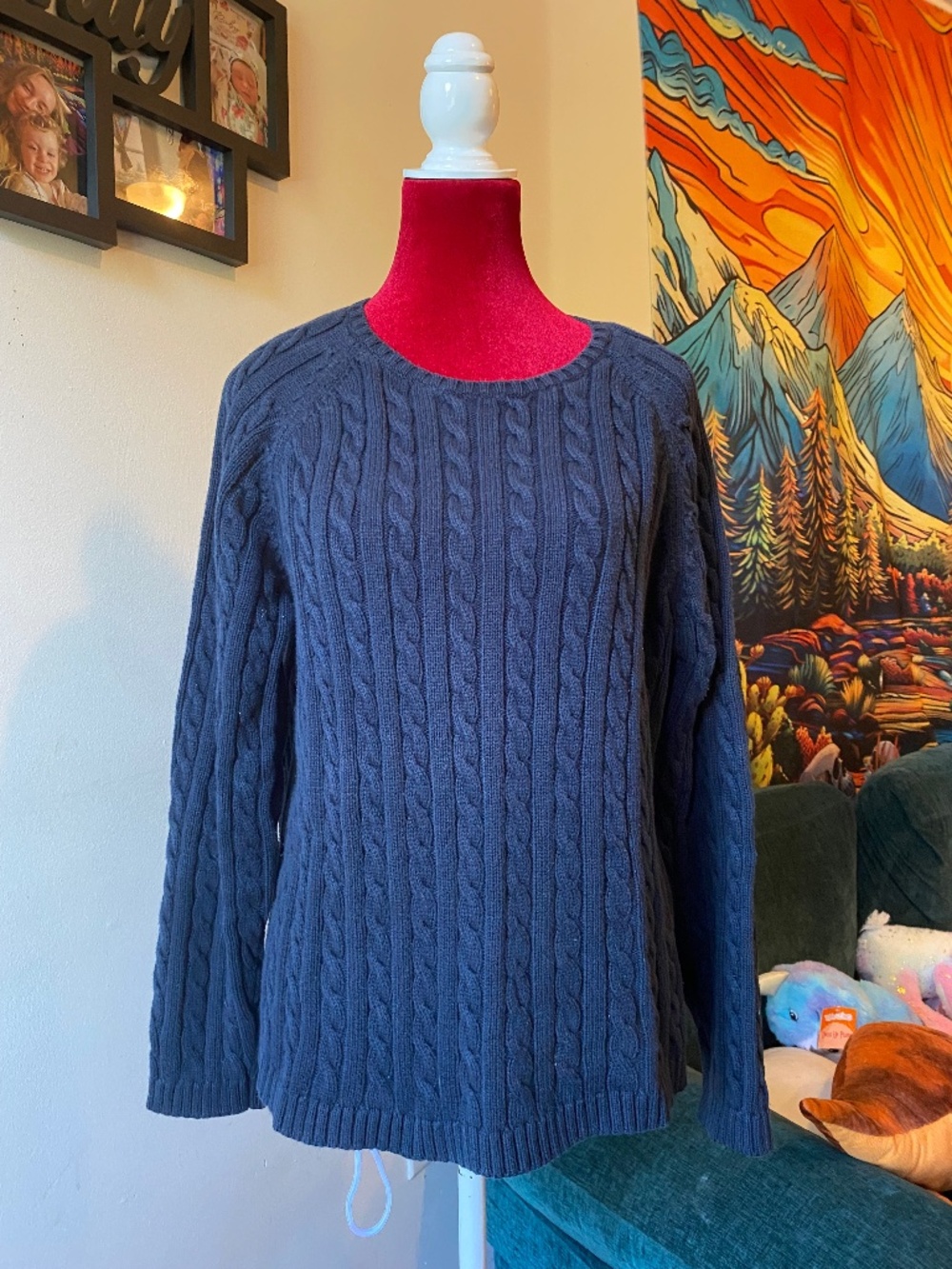 dark blue cotton cable knit crew neck sweater